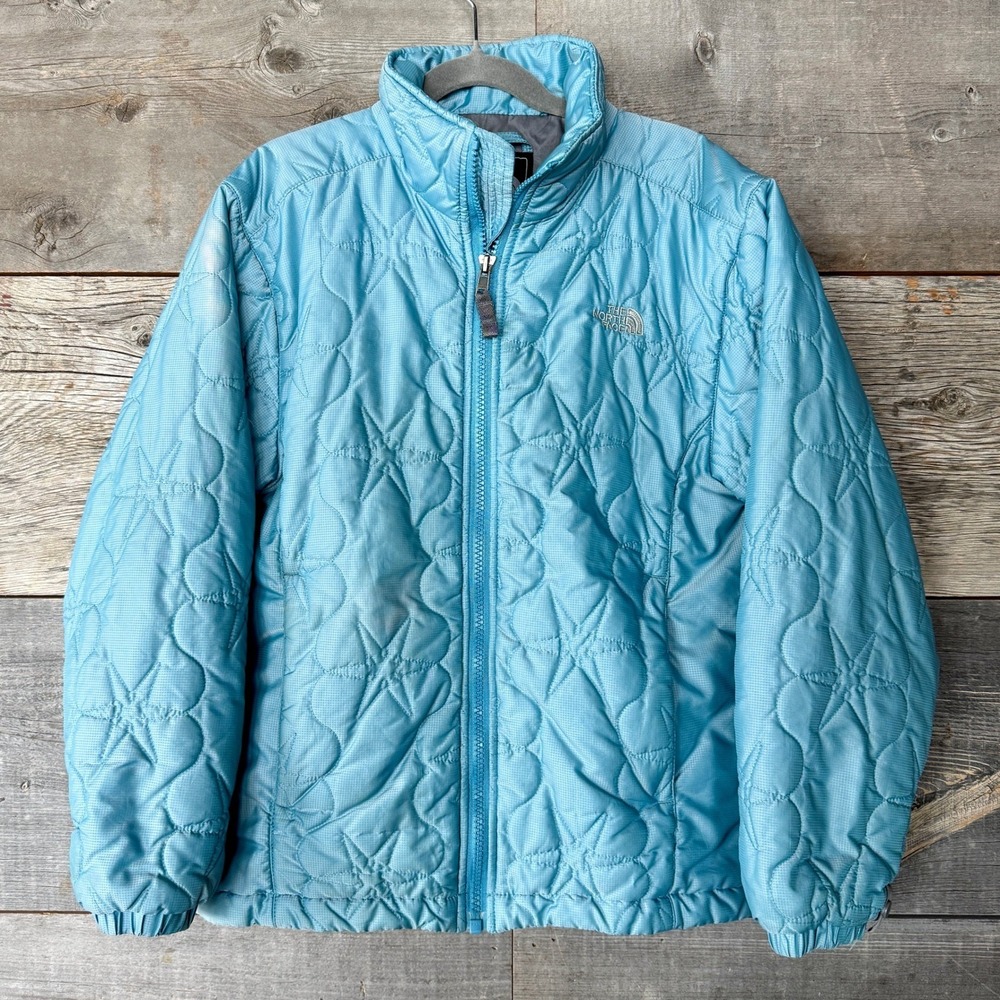 The North Face Girls Star‎ Quilted Puffer Jacket M Light Blue Full Zip READ*
